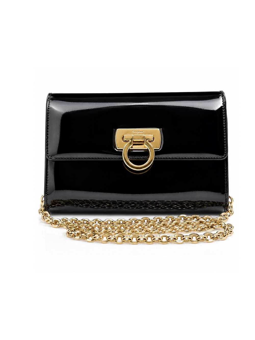 Salvatore Ferragamo Black Patent Leather Shoulder Bag Gold Hardware